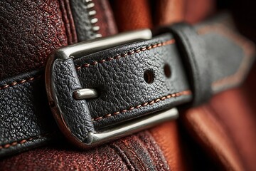 An up-close look at a dark leather belt buckle on a leather jacket, with emphasis on detail and craftsmanship
