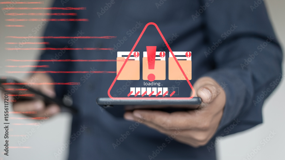Aufkleber person holding a smartphone with red warning triangle and loading file error icons, representing cyb