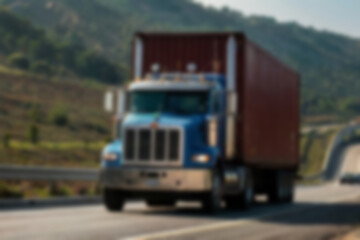 Blurry photo of container truck carrying large containers on highway with beautiful sunset.