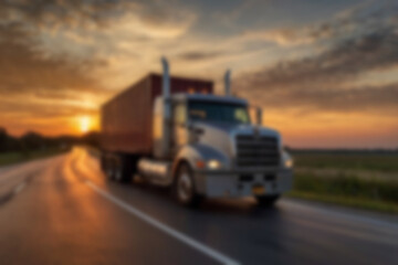Blurry photo of container truck carrying large containers on highway with beautiful sunset.