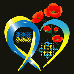 National symbols of Ukraine. Poppies on a background of a yellow-blue ribbon in the shape of a heart. Vector illustration
