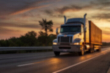 Blurry photo of container truck carrying large containers on highway with beautiful sunset.