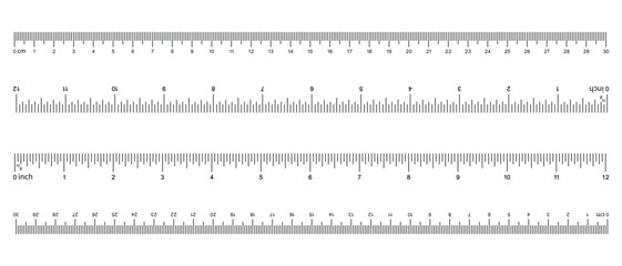 Inch, metric rulers. Measuring tool. Ruler 30 cm, 12 inch. Grid cm, inch. Metric Centimeter, inch size indicators.  Ruler scale. Vector illustration.