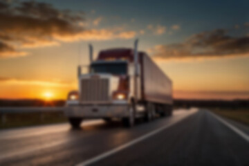 Blurry photo of container truck carrying large containers on highway with beautiful sunset.
