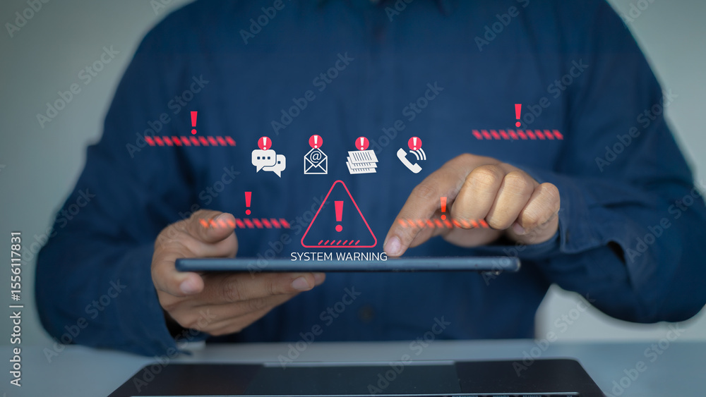 Poster person interacting with a tablet showing multiple warning icons and system alert symbols, representi