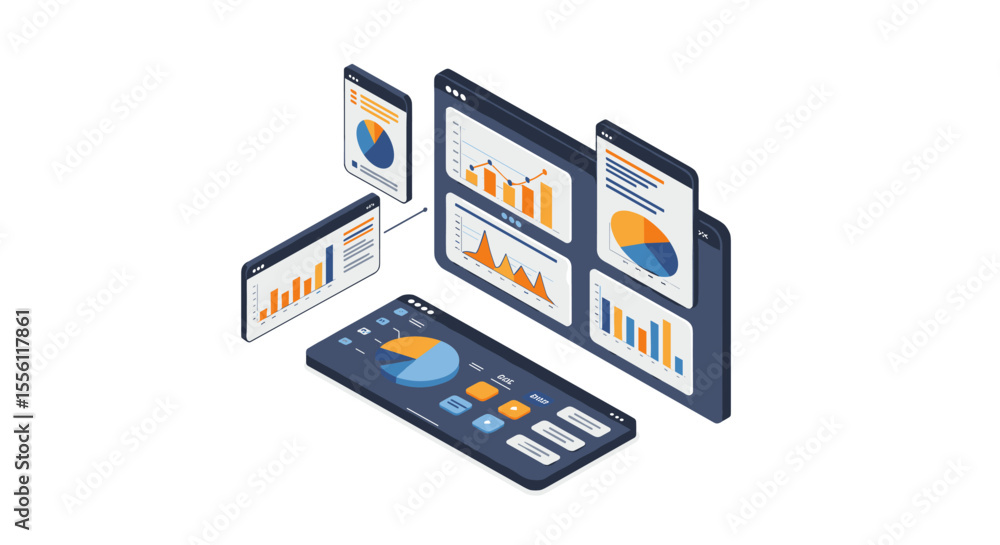Poster data analysis dashboard vector illustration in isometric style for business design