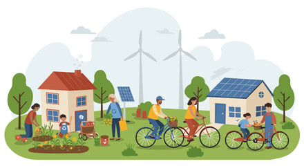 Eco-friendly living vector illustration: sustainability and renewable energy in a green community flat design for educational posters