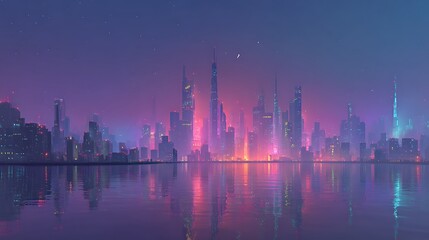 Obraz premium Futuristic City Skyline at Night, Neon Lights Reflecting on Water