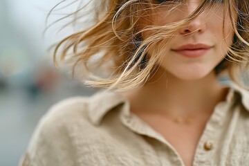 A captivating close-up portrait of a woman. Her short hair is styled with an elegant touch, and she's wearing a light shirt. Her facial expression is one of a soft, delicate smile