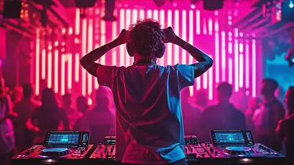Nightlife Rhythm: A silhouette of a DJ immersed in the energy of a vibrant club atmosphere, surrounded by dynamic lights and the pulsating rhythm of music.