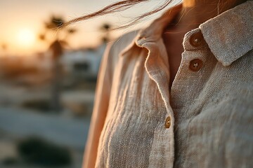Close-up of a woman's shirt in the sunlight, with a warm and soft glow
