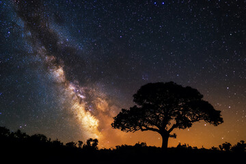 Majestic milky way panorama shines above silhouette of lonely tree on the horizon at night