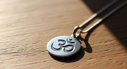 Silver Om Pendant Necklace on a Wooden Surface with Natural Light