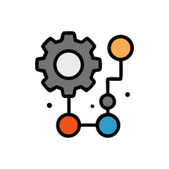 Illustration of a gear connected to a network of colored circles, symbolizing process or mechanism.