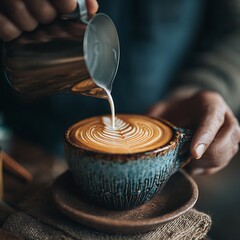 Barista pouring milk into latte art coffee