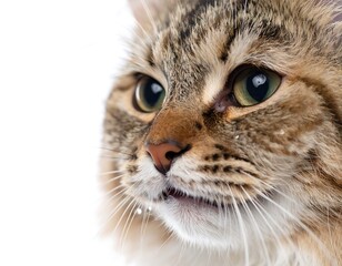 A teary-eyed cat looking up in a dramatic close-up shot.