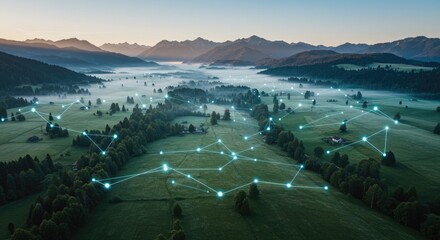 Obraz premium Aerial view of interconnected rural landscape at dawn