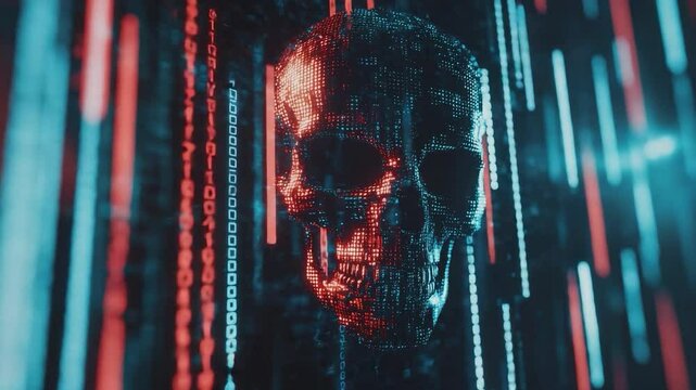 Cyber Skull: A digital rendering of a skull glows amidst a cascade of binary code, highlighting the chilling intersection of mortality and technology.
