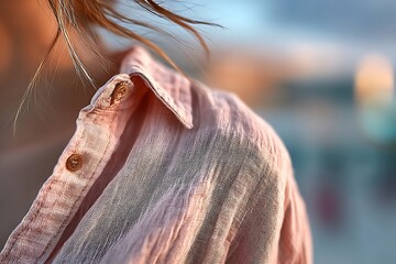 Close-up shot of a pink shirt collar on person with the background blurred, emphasizing the texture and color of the garment