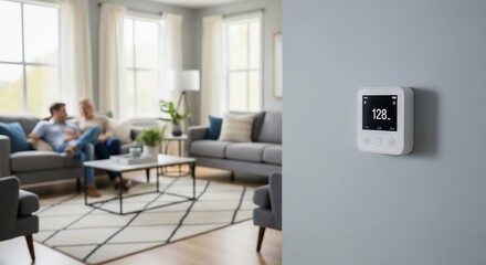 Smart Home Technology: A Modern Digital Air Quality Monitor in a Cozy Living Room