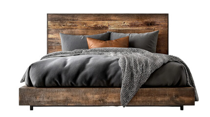 Cozy and Modern Bed with Natural Wood Headboard, Soft Gray Bedding, and Stylish Throw Pillows in a Warm and Inviting Bedroom Setting