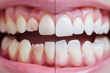 A depiction of lovely and amiss teeth before and after cure over plain white setting depict notion of oral care shiny lovely smile, Generative AI.