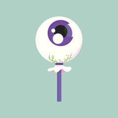 vector illustration of a cute eyeball lollipop designed for Halloween. Perfect for spooky party candy, trick or treat packaging, creepy seasonal decor, greeting cards, and fun October holiday designs.