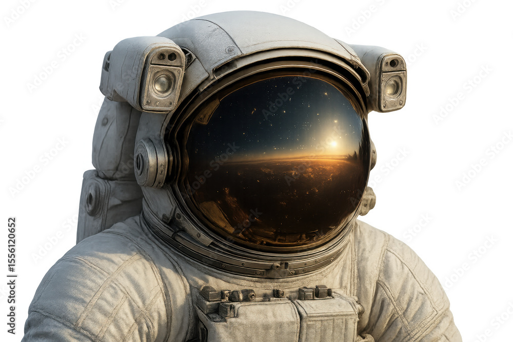 Poster astronaut in outer space wearing spacesuit with earth reflecting in helmet visor, transparent backgr