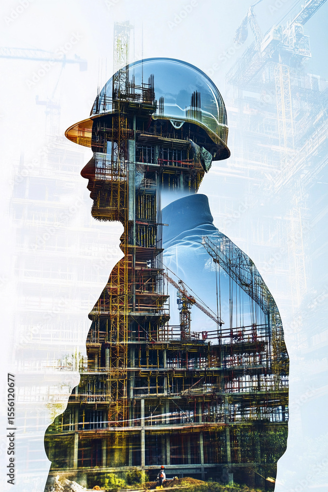Aufkleber construction worker oversees building project progress generative ai
