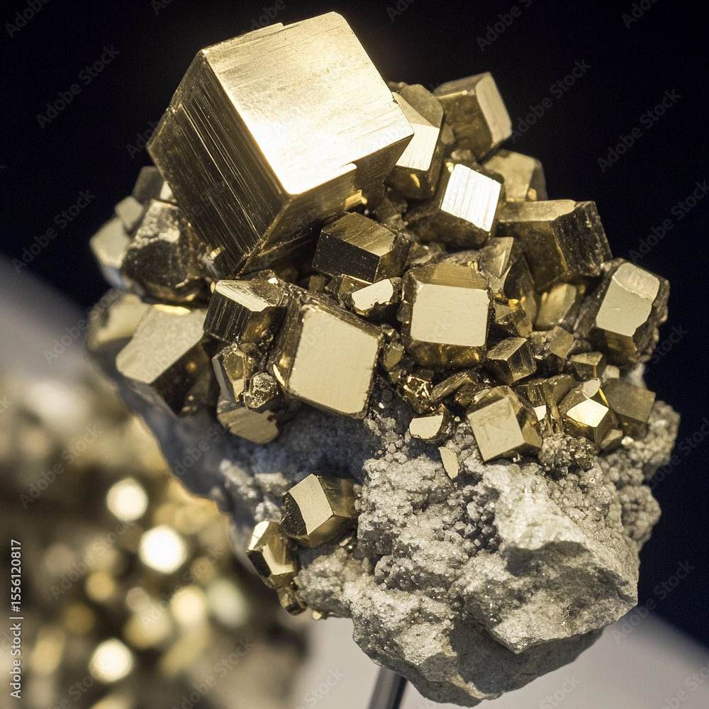 Aufkleber close-up of sparkling pyrite crystal formation in natural habitat generative ai