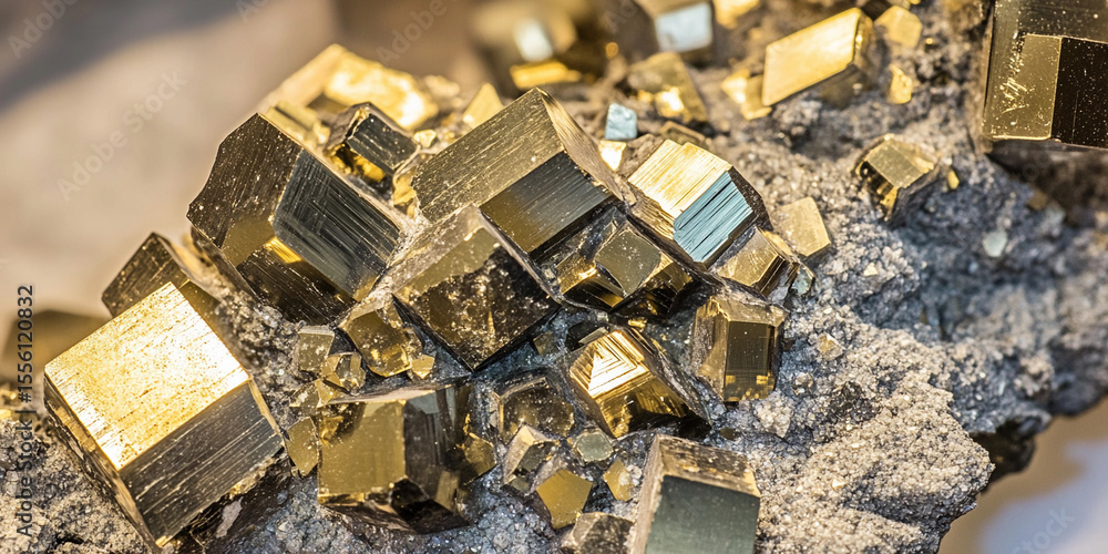 Poster stunning close-up view of pyrite crystal formations generative ai