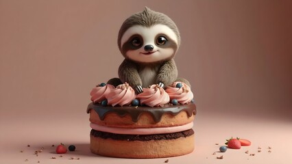 Obraz premium Adorable Sloth Sitting on Layered Birthday Cake with Chocolate Frosting