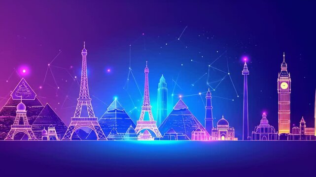 City skylines glow in vibrant purple and blue hues a whimsical travel dream