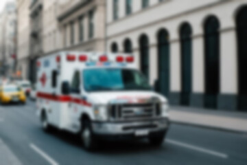 Blurry photo of an ambulance passing smoothly on a city road.