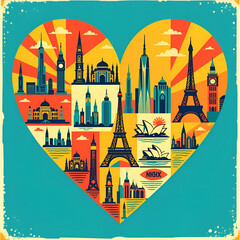 A collection of vintage travel stickers, each one depicting a different iconic landmark from around the world, arranged in a collage that forms the shape of a heart. 