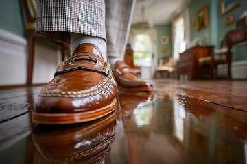 Man's Stylish Leather Loafers on Polished Wood Floor in Luxury Interior