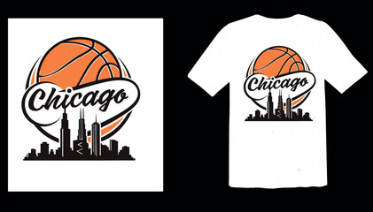 Chicago Basketball Skyline T-Shirt Design with Cityscape and Ball