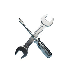 Photo of a metallic wrench and screwdriver are crossed, isolated on transparent background, creating a simple yet effective repair symbol
