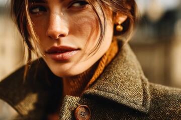 A Portrait of a stylish woman in a coat with elegant earrings and a warm look at a day light