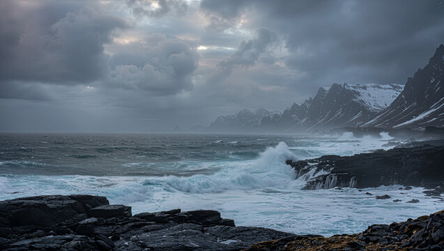 Gloomy Coastal Scene of the North Highlighting Rough Seas and Cloudy Dusk Atmosphere - Nature / Seascape Background - Powered by Adobe