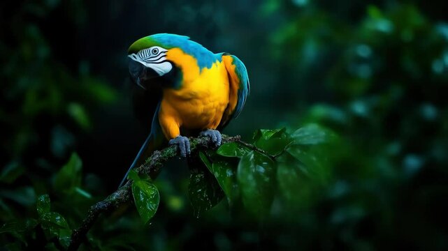 Macaw parrot perched on rainforest branch  
