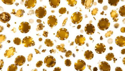 Golden Casino Chips Falling Against White Background in Motion