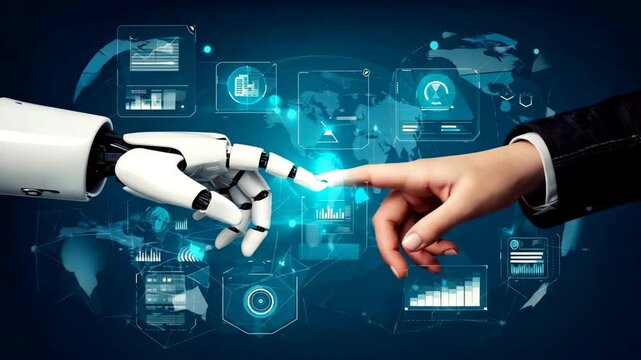 Robot and human hands connecting over a futuristic digital interface with data analytics and a global network background