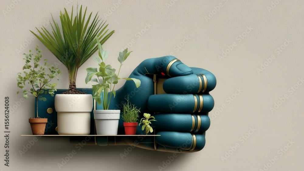 Poster artistic composition in the form of an open palm with electronic elements and luminous dots, decorat