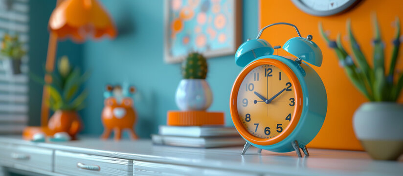 Vibrant teal and orange alarm clock on a white table with decorative items.