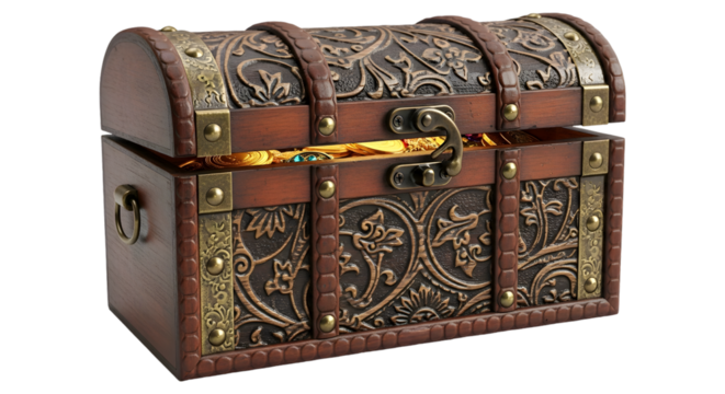 Photo of an ornate wooden treasure chest brimming with gold coins and gems, isolated on transparent background, is shown in a detailed 3d rendering