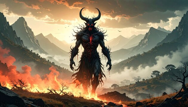 Terrifying demonic figure emerging from red mist, glowing red eyes, black cracked