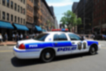 Blurry photo of a police car patrolling the busy city center.