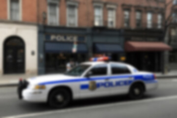 Blurry photo of a police car patrolling the busy city center.