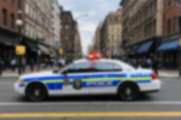 Blurry photo of a police car patrolling the busy city center.